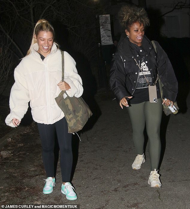 Next tour: Fleur East (right), Molly Rainford and others headed home after another practice session