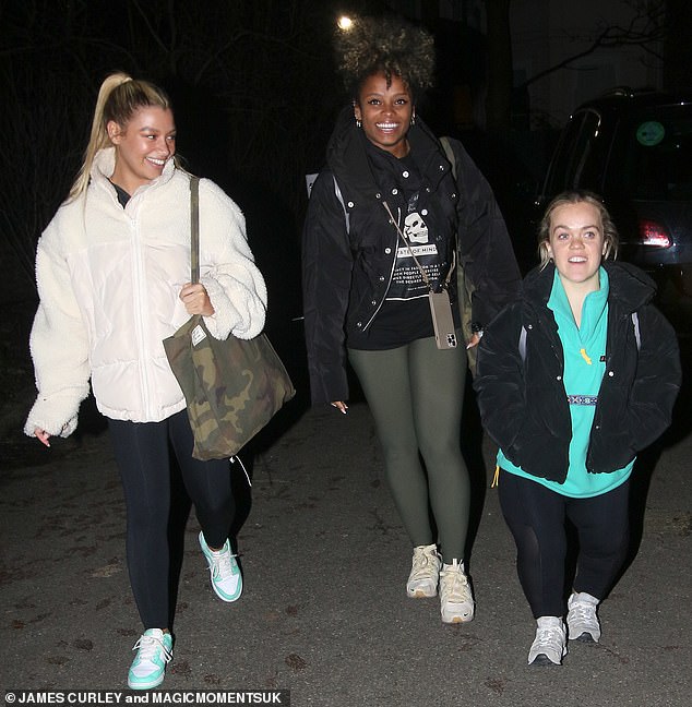 Crew: Singer Fleur, 35, wore a black cropped coat to keep warm and khaki leggings, while actress Molly, 22, wore a white fleece as she walked away.