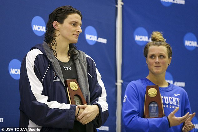 It comes after a protest against Lia Thomas (pictured with Gaines last year) who was the first transgender athlete to win a national title?