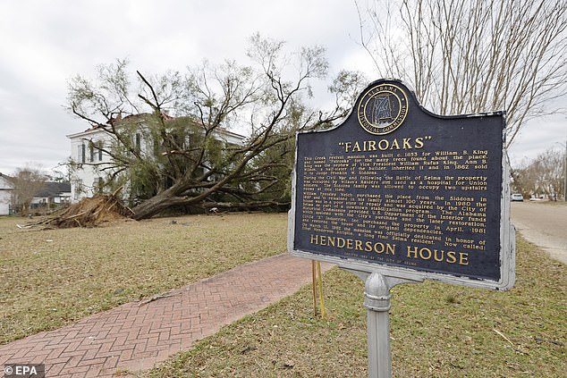 A giant tree fell outside the Henderson House after a tornado outbreak in Selma, Alabama, on Friday.  During the Civil War that followed the Battle of Selma, the property, built in 1855, was occupied by Wilson's Raiders and used as a hospital for Union soldiers.