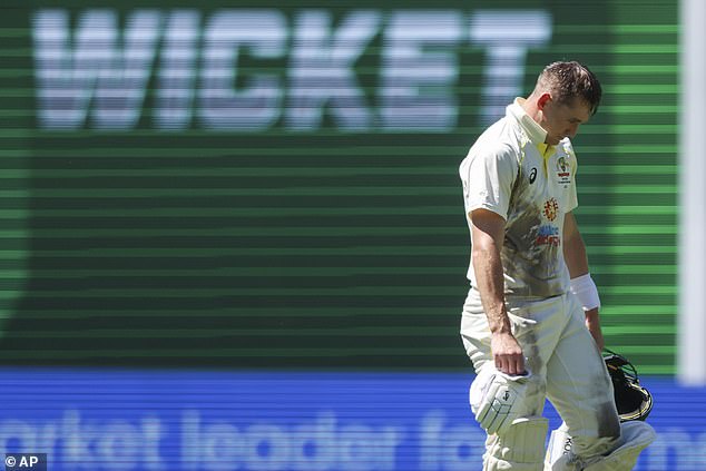 A dirty Labuschagne walks off the field once it is confirmed that he has run out of money in the second test against South Africa.