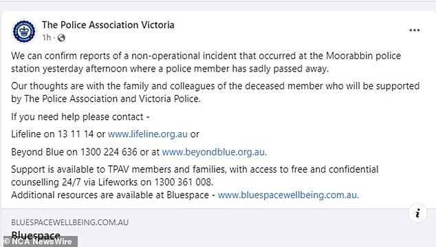 The Victoria Police Association shared their condolences and said the officer's family and colleagues will be cared for.