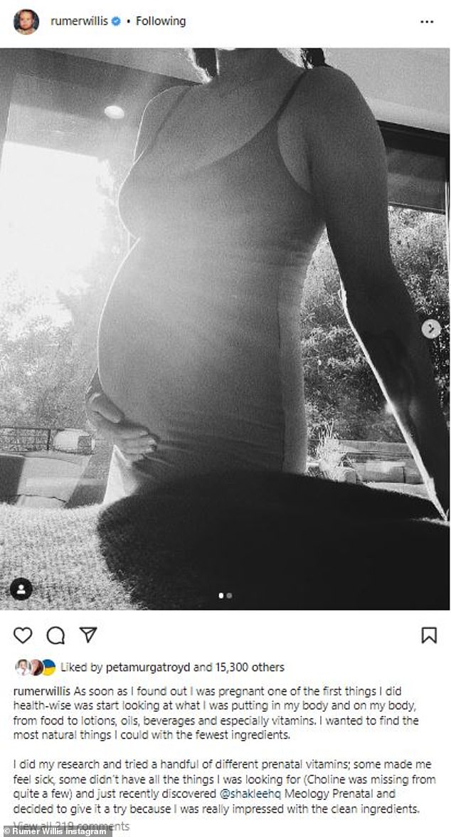 In search of health: The eldest of the three daughters of Bruce Willis and Demi Moore took to Instagram on Friday and posted a photo of her baby bump