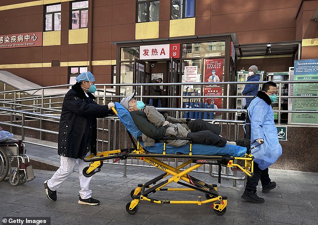 It comes as China is being hit by a Covid outbreak with estimates that 64 percent of the country has been infected and images emerge showing crowded funeral homes and crematoria (pictured, a Chinese patient on a stretcher in Beijing)