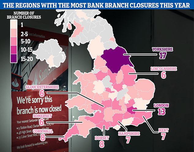 The regions with the most bank branches closing in 2023 are all in England, but Wales, Scotland and Northern Ireland are also affected