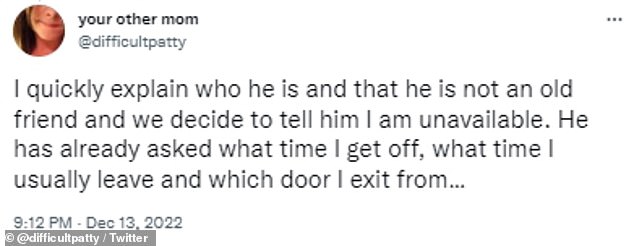 Weeks later, he emailed her at work asking her to go out, but she ignored him.  She later found out that he showed up at her school twice looking for her.