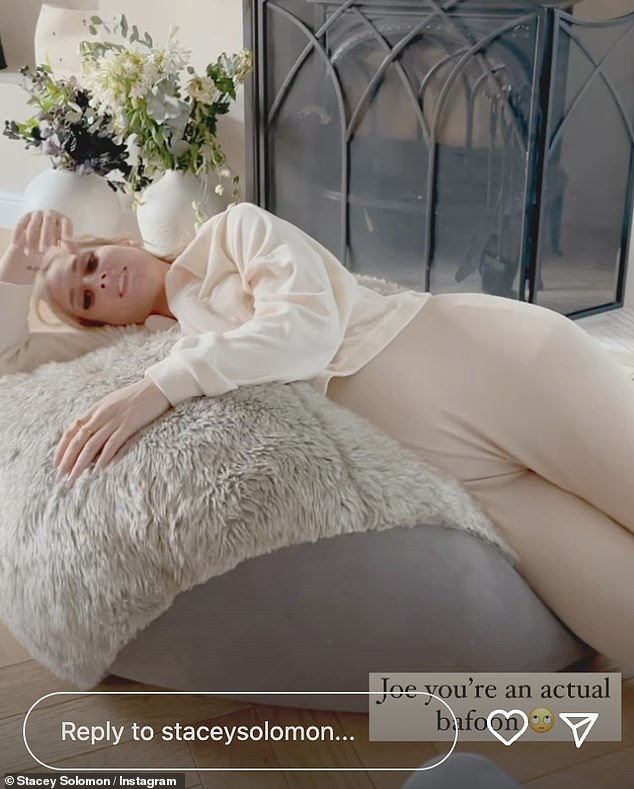 Joke: In the video, a heavily pregnant Stacey is seen reclining comfortably on a comfy bean bag chair before Joe calls her over to look at something and films her attempting to get up.