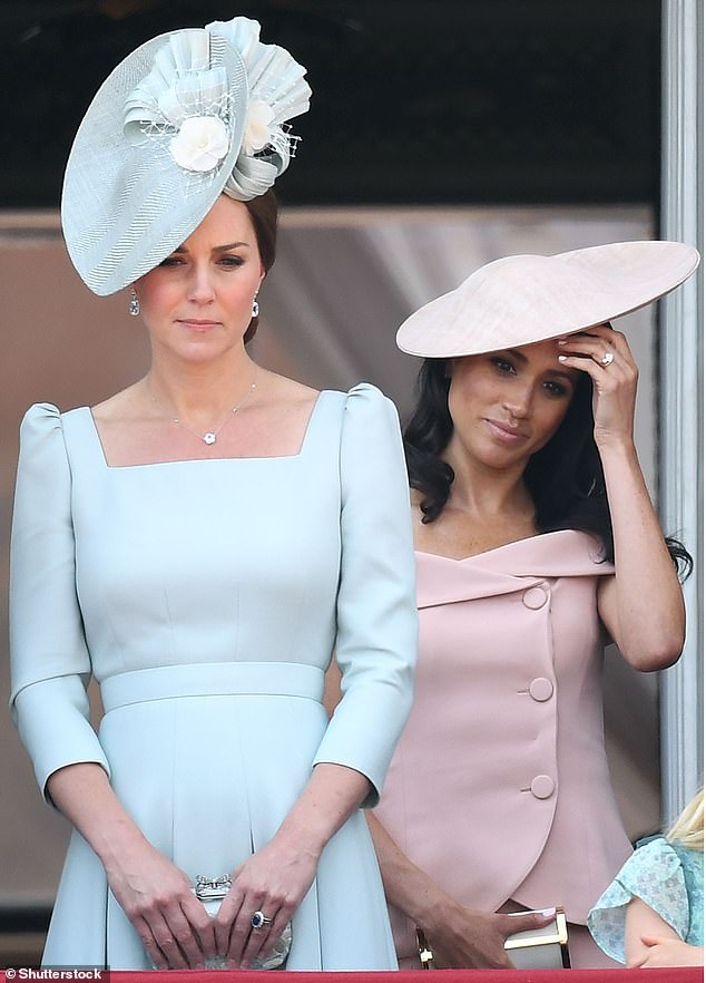 Prince Harry claims in his memoir that the Princess of Wales and the Duchess of Sussex exchanged tense text messages before Harry and Meghan's wedding (pictured: the sisters-in-law in Trooping the Colour, 2018)