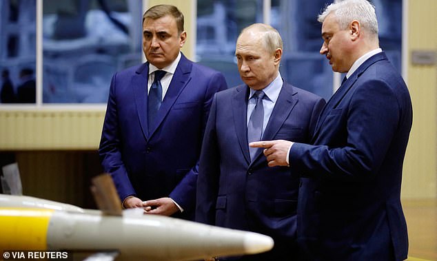 Putin recently visited Dyumin (left) during a state trip to a weapons manufacturing plant in Tula.