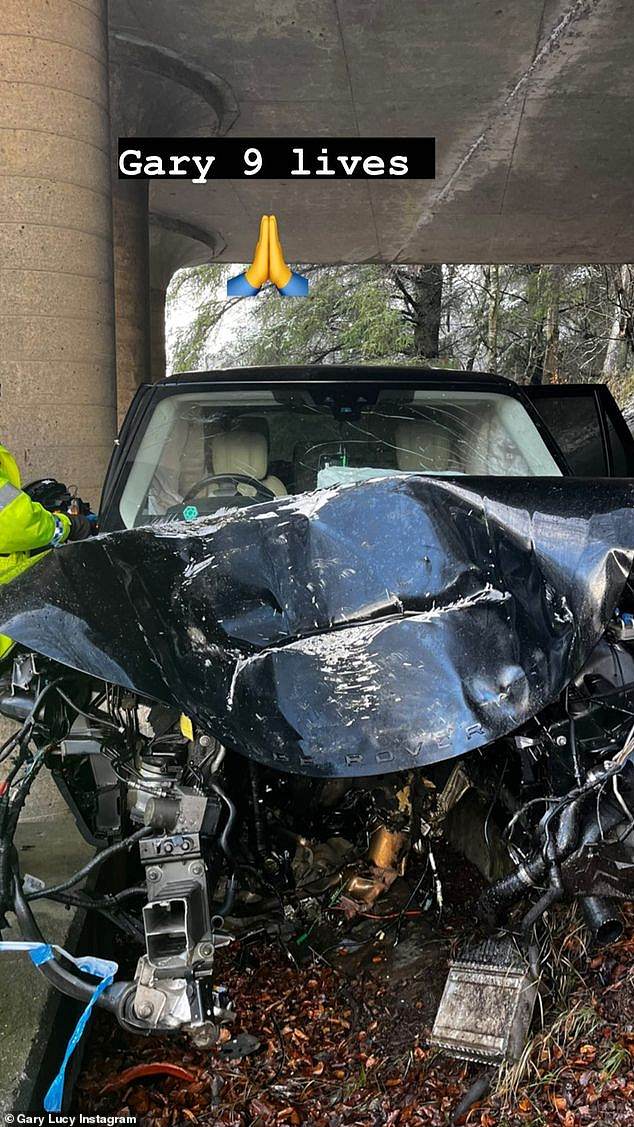 Horrible: details of the accident remain unknown, the front end of Gary's Range Rover had come off in the crash while the windscreen was broken.