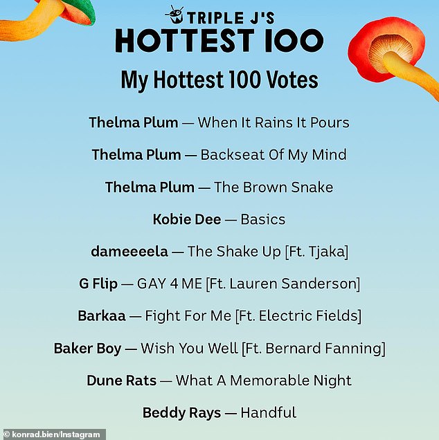 The Bachelorette star, 31, posted his top ten performances for the annual Australian Music Poll on Instagram on Friday, which included three entries from his girlfriend.