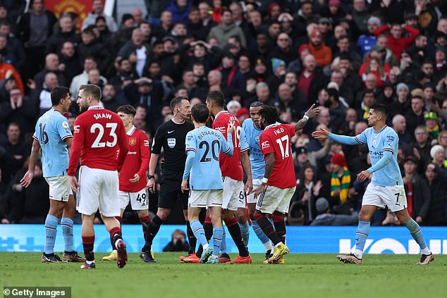 Manchester City players were outraged by the decision and quickly surrounded the referee