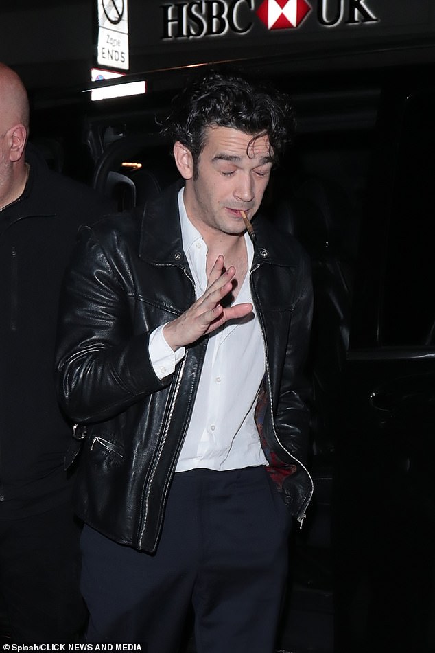 Very fun night: Matty seemed to have had a great night as he looked a little worse for wear, teary eyed as he smoked a cigarette and gave a thumbs up.