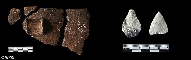 Researchers say the complex was a sacred place where Neolithic people performed ceremonies, including feasting and the deliberate smashing of ceramic bowls. They  found evidence of ceramic vessels (left) and arrowheads (right)