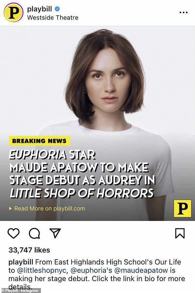 Upcoming: Maude, previously starred in the hit show Euphoria, will make her stage debut in an Off-Broadway revival of the classic musical Little Shop Of Horrors.