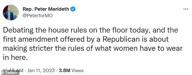 Rep. Peter Meredith tweeted his reaction to the dress code announced in the House of Representatives.