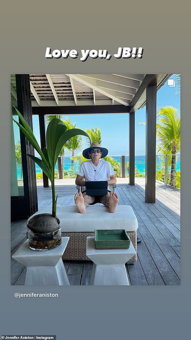 Chill out: In the latest snap he shared, Jason kicked his feet up on an ottoman as he relaxed on the patio of a massive house in a tropical location