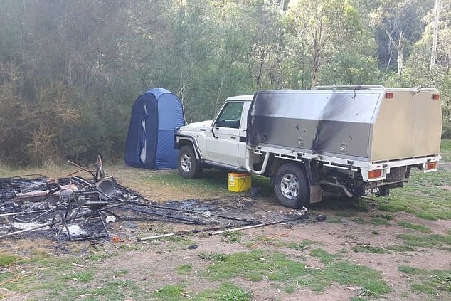 Camping Russel Hill, 74, and Carol Clay, 73, was discovered by police on March 21 burned (pictured), but there was no sign of the couple.