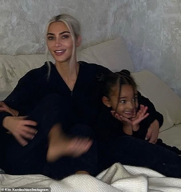 'Happy fifth birthday!'  The SKIMS/SKKN CEO, 42, shared four snaps of herself, when she was platinum blonde, posing with her youngest daughter in the bedroom of her $60 million mansion in Hidden Hills.