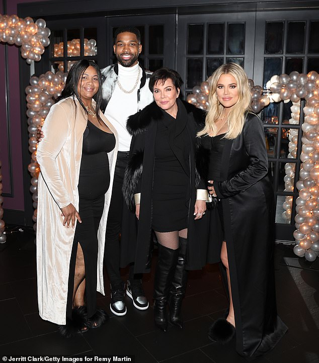 They paid their respects: Earlier that day, Kardashian and Jenner flew their $150 million private jet back to Los Angeles after attending the funeral for Tristan Thompson's mother (second from left, pictured in 2018) Andrea (L ) at Last Days Pentecostal Ministries in Canada