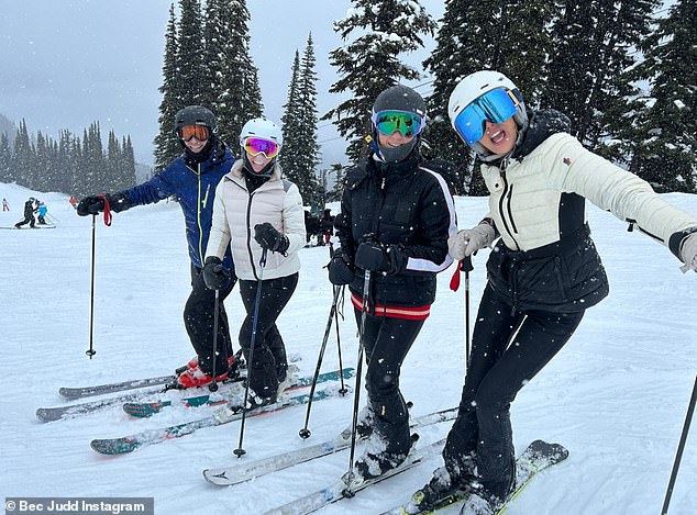 Bec also shared another photo of herself and three friends dressed in ski gear before hitting the slopes for a day of skiing.