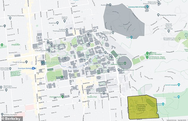 The Clark Kerr campus (highlighted in yellow) is one mile southeast of the university's main site.