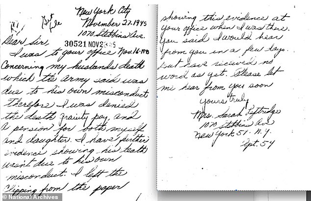 The duo's history was detailed by the late Sarah Leftridge in newly unsealed Library of Congress papers, which contain documents including this letter from Sarah to military officials asking that her husband's record be rectified.