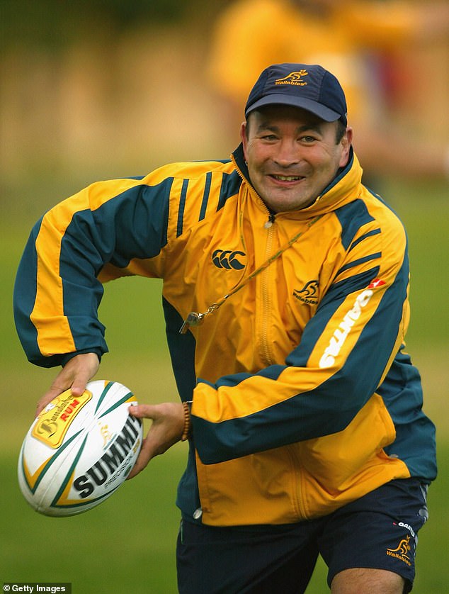 Jones' contract will run through 2027, incorporating two World Cups and the 2025 British and Irish Lions tour (Jones appears at a Wallabies training session in 2004)