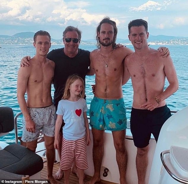 The whole litter: Piers shares sons Spencer, 29, Stanley, 25, and Albert, 21, with ex-wife Marion Shalloe, and daughter Elise, 11, with wife Celia (pictured with their kids)