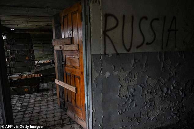 Abandoned ammunition boxes in the Kharkiv region of eastern Ukraine in September 2022