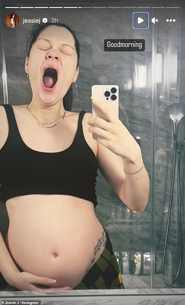 Pregnancy: Jessie showed off her bare baby bump in a black bra while taking a candid Instagram photo on Sunday morning