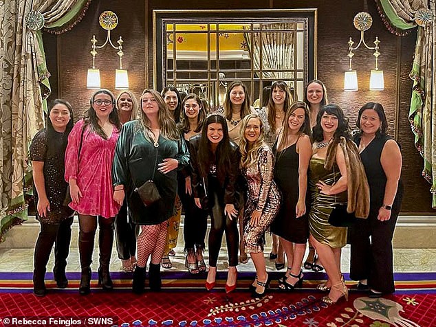 Rebecca flew to Las Vegas with 13 of her friends (pictured) to mark their divorce with a 'newlywed party' she says 'brought Adele to tears' when the singer saw the bachelor celebrating