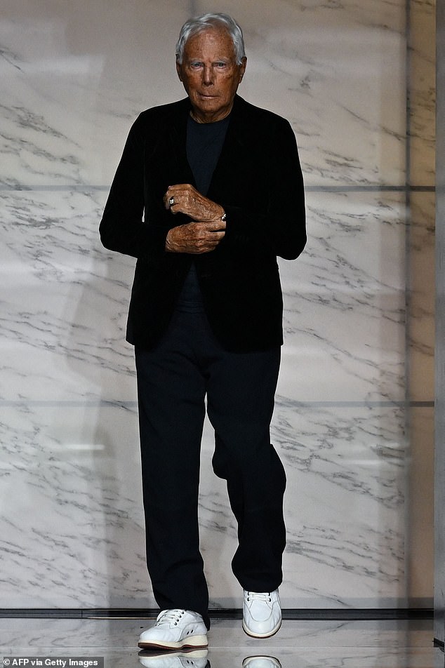 Man of the hour: Giorgio Armani himself was at the event, taking to the catwalk after showing off his collection.