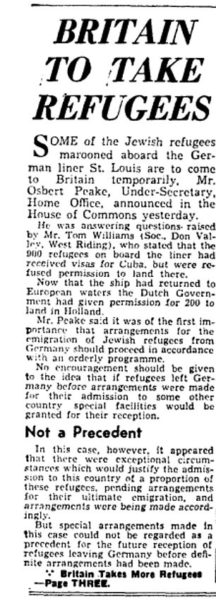 The Daily Mail report of June 1939 telling how Britain had agreed to take in some of the refugees in