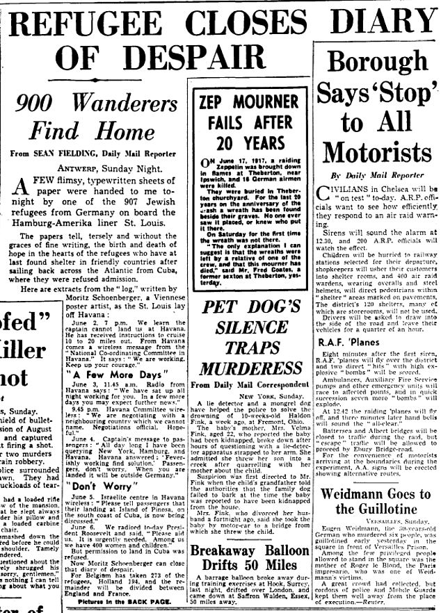 The Daily Mail report of June 19, 1939 featured stories from some of the refugees on the ship.