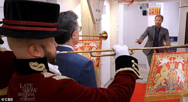 Prince Harry filmed a skit poking fun at the pomp and fantasy of royalty during his appearance on The Late Show with Stephen Colbert days before Mike poked fun at the royal family in his new YouTube series.