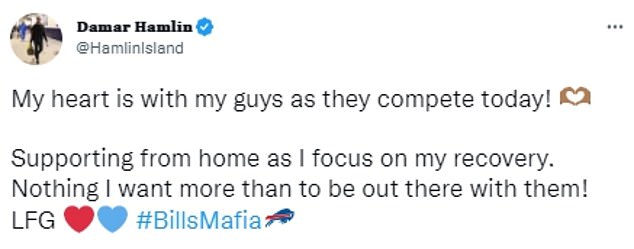 On Sunday, Hamlin tweeted his support for his teammates during the Bills' first-round playoff win over the Miami Dolphins as he continues to heal at home.