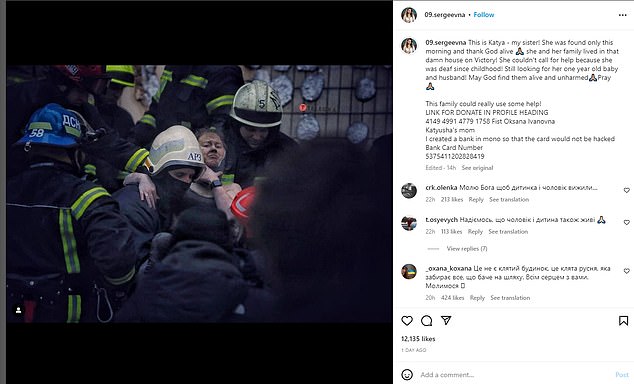 Sister Alina shared an image of Kateryna 'Katya' Zelenska being rescued from the rubble