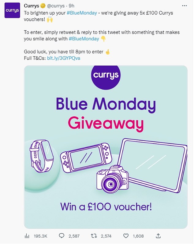 Some companies, like this example from Currys use 'Blue Monday' as an opportunity to promote giveaways with the idea  of helping 'brighten up' the supposed 'saddest day of the year'