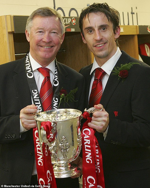 Neville (right) spent his career playing for Man United under Sir Alex Ferguson.