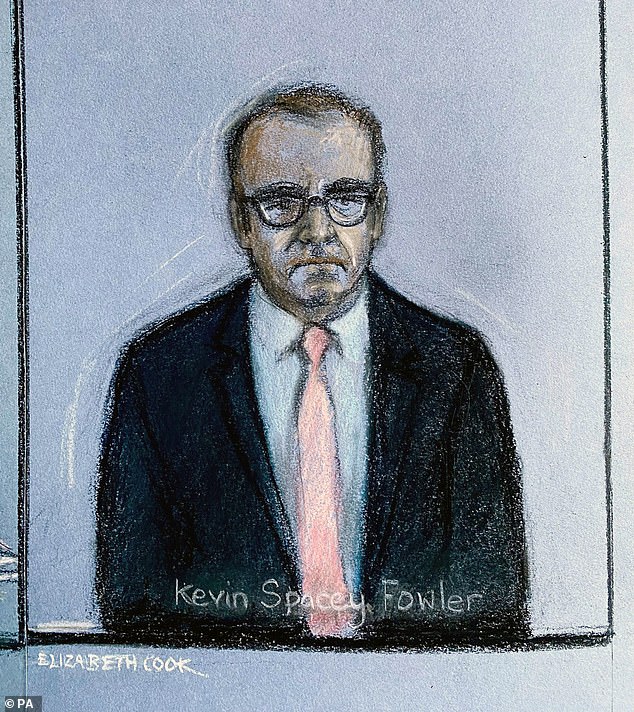 Court artist sketch of Elizabeth Cook of actor Kevin Spacey appearing via video link from Italy at Southwark Crown Court in London on Friday