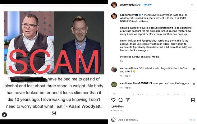 Clarity: It comes after Adam hit out at social media 'scams' after they used his weight loss to advertise his account.