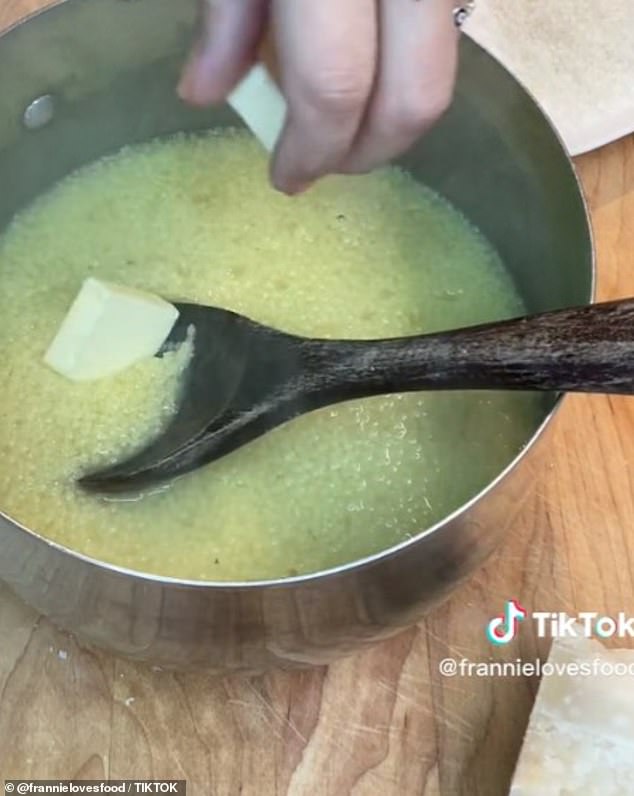 First, you will start by boiling three cups of chicken stock or vegetable stock and adding one cup of Pastina and then add butter.