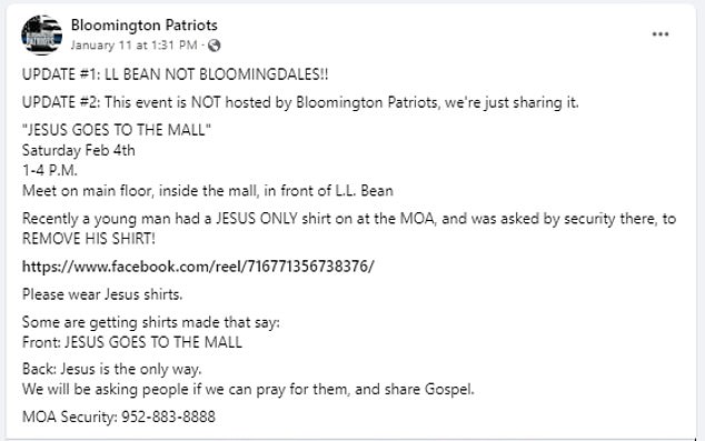 The planned protest was shared on a Facebook group belonging to the Bloomington Patriots.