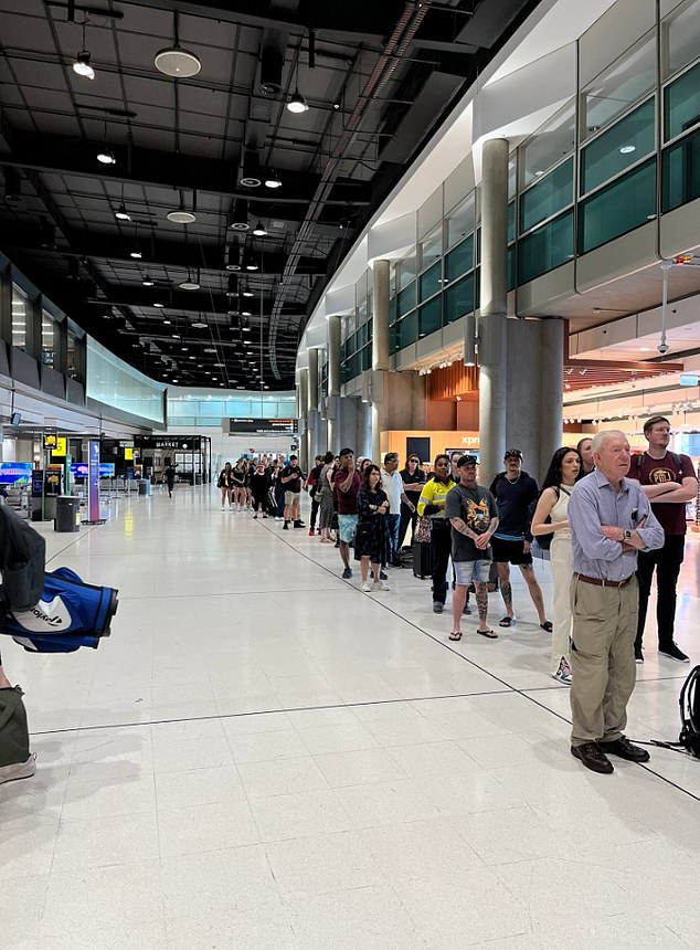 Hundreds of passengers are now queuing (pictured) to enter the airport for flights that have now been delayed