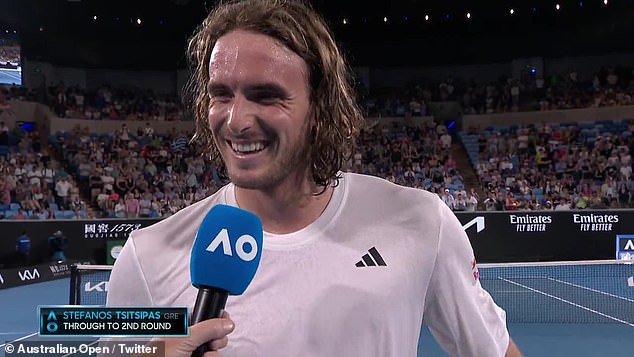 Stefanos Tsitsipas endeared himself to the Melbourne crowd after his victory in the first round of the Australian Open on Monday using some Aussie slang.