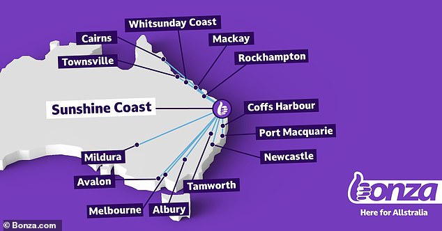 The budget airline will fly a total of 17 routes, including 13 from its base on the Sunshine Coast (pictured)