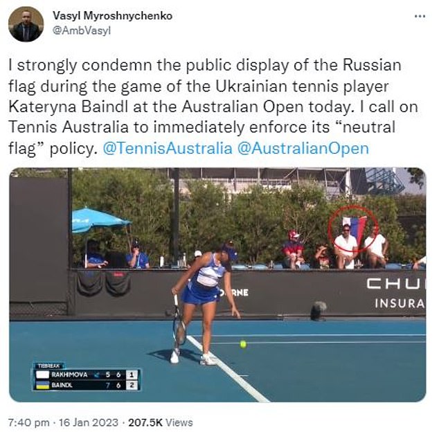 Ukraine's ambassador to Australia, Vasyl Myroshnychenko, lashed out at the exhibition in a furious tweet after the match.