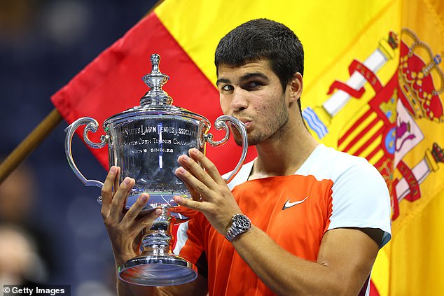 Carlos Alcaraz of Spain celebrates with the championship trophy after defeating Casper Ruud of Norway to win the US Open men's singles crown last year.