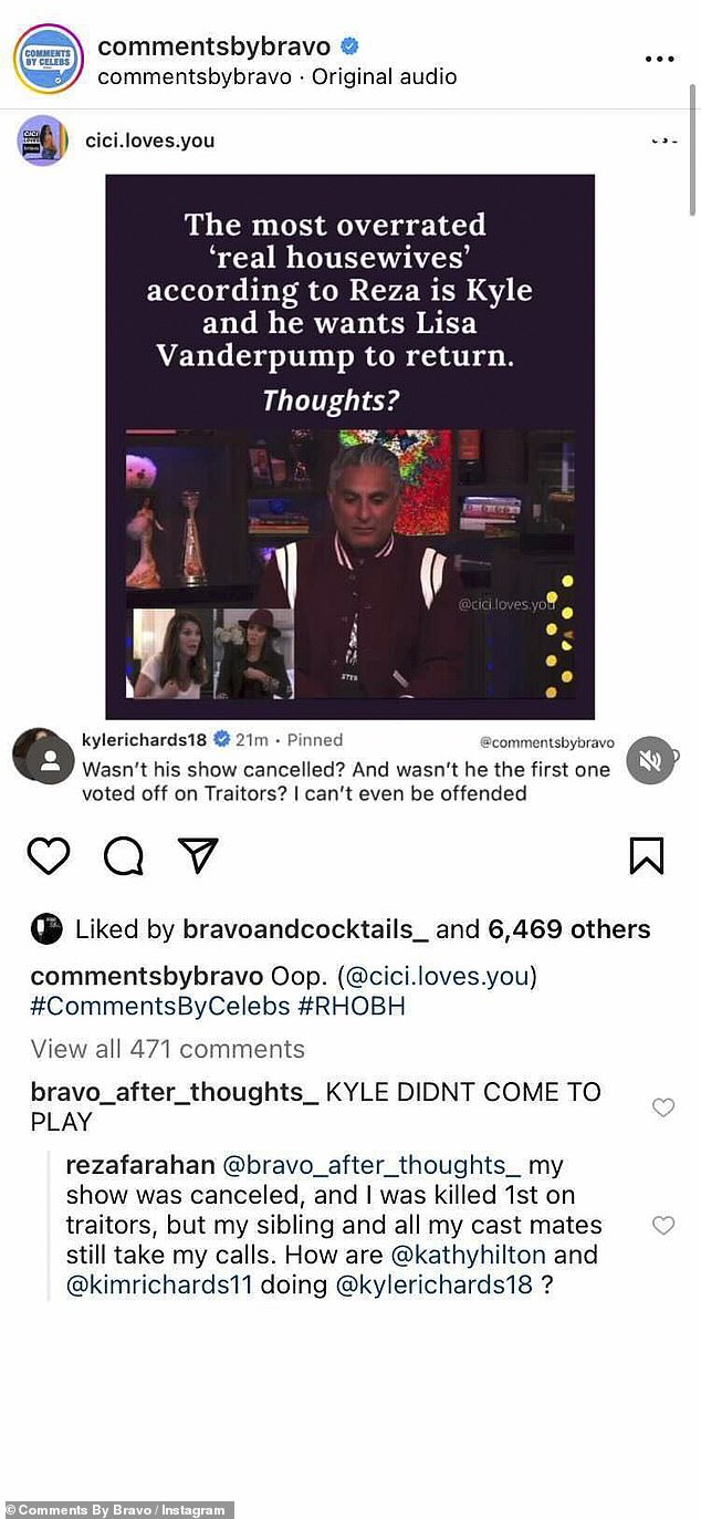 Kyle responds: The WWHL clip was posted by a Bravo superfan named Cici, to which Richards responded on her verified Instagram account, throwing some shade in Reza's way.